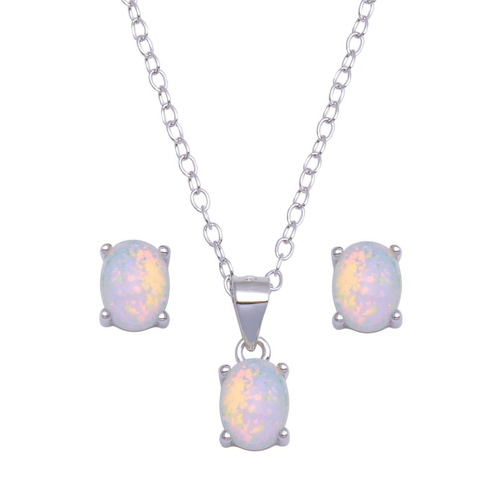Sterling Silver Rhodium Plated Synthetic Opal Oval Set