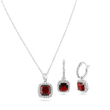 Sterling Silver Rhodium Plated Red and Clear Square CZ Set