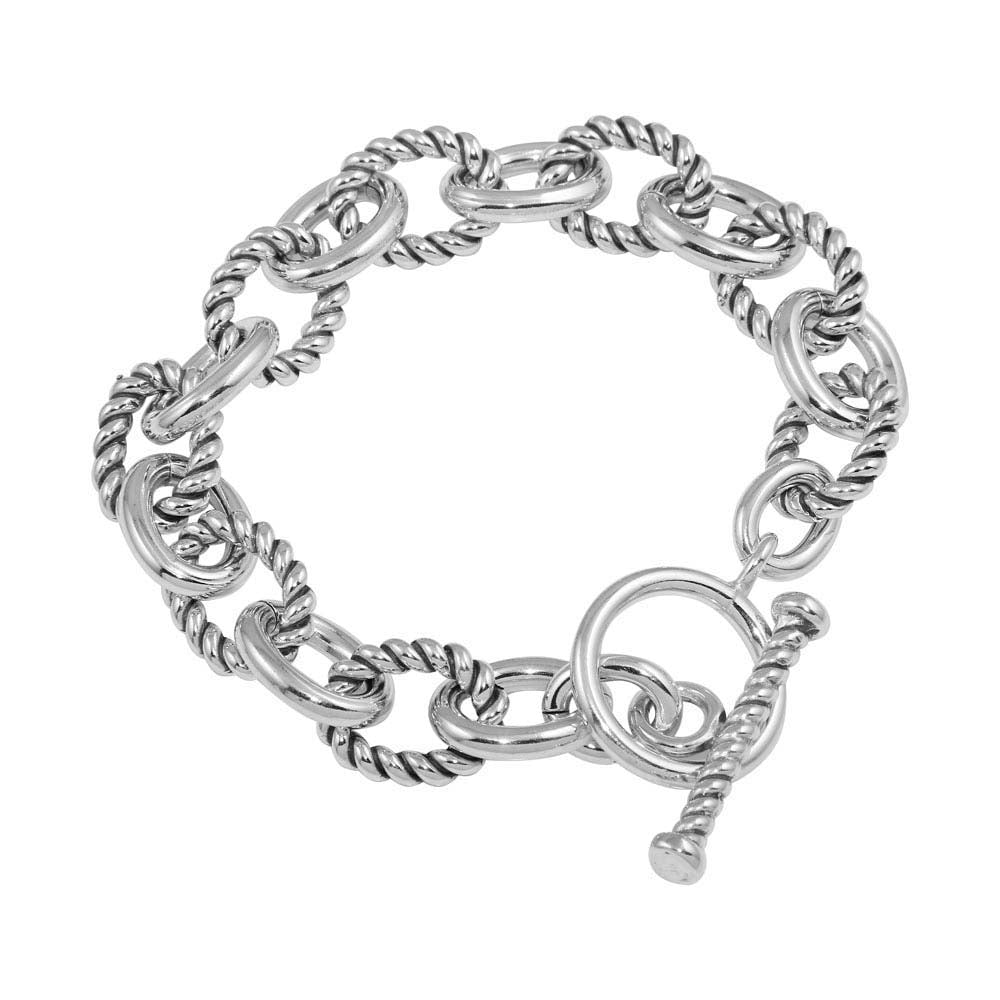 Sterling Silver Medium High Polished Alternating Rope Link Bracelet