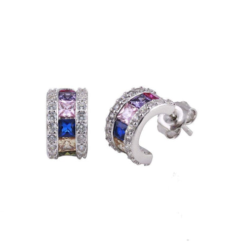 Sterling Silver Rhodium Plated Multi-Colored CZ Stone Semi Hoop Earrings