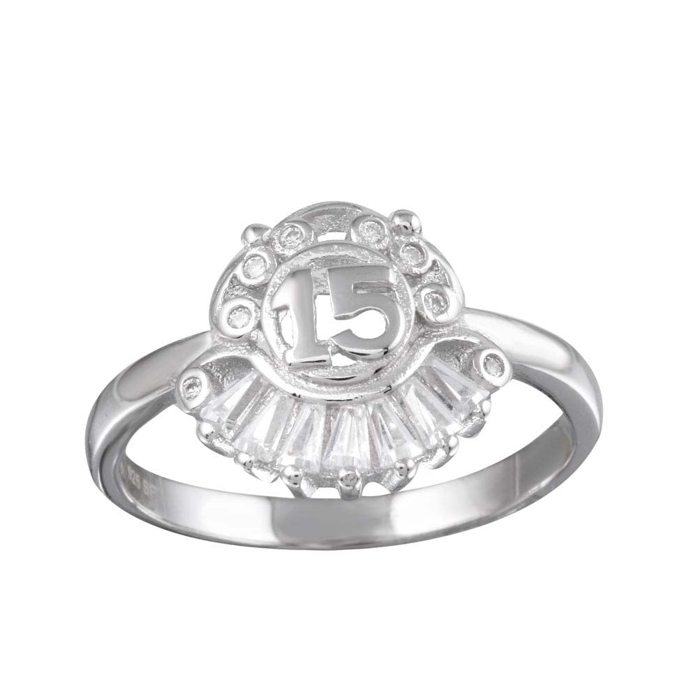 Sterling Silver Rhodium Plated 15 Number Shaped Ring with CZ Stones