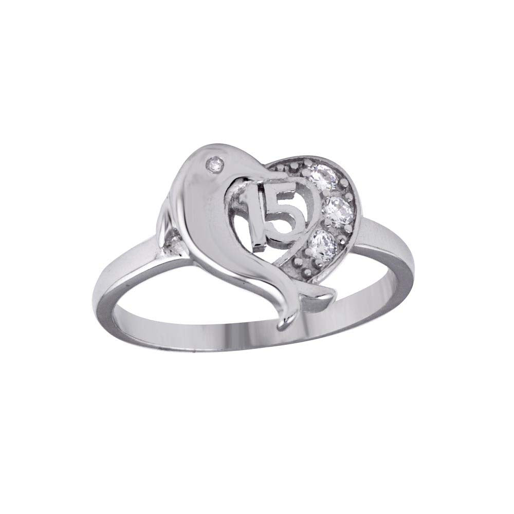 Sterling Silver Rhodium Plated Crown 15 Heart Dolphin Ring with CZ