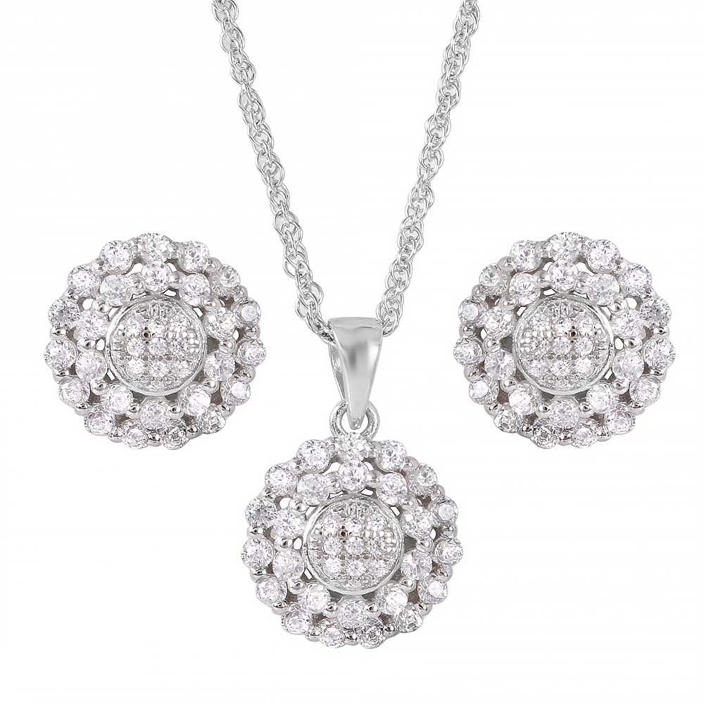 Sterling Silver Rhodium Plated Flower Cluster Set