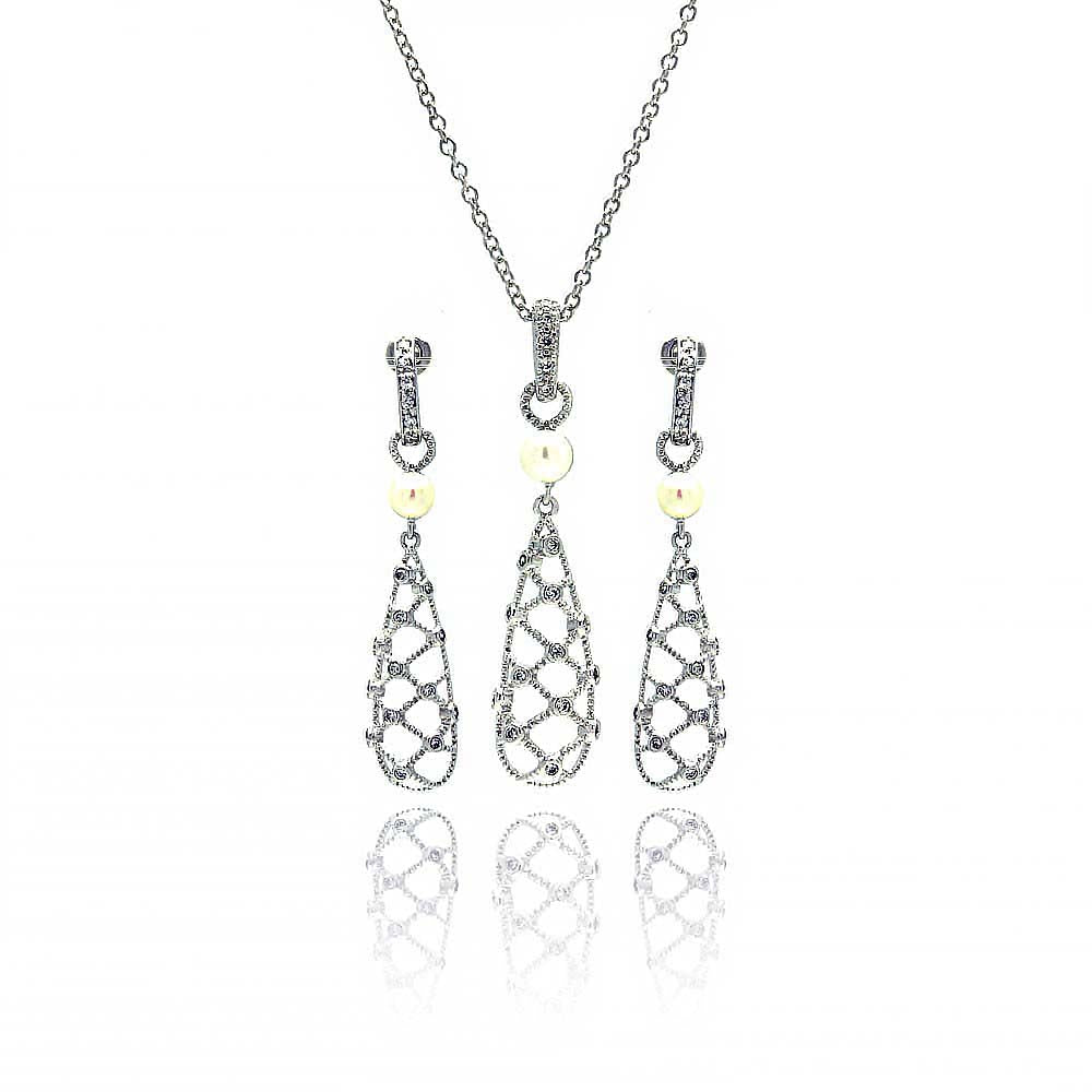 Sterling Silver Rhodium Plated Fishnet Drop Pearl Clear CZ Dangling Stud Earring and Dangling Necklace Set