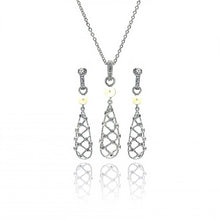 Load image into Gallery viewer, Sterling Silver Rhodium Plated Fishnet Drop Pearl Clear CZ Dangling Stud Earring and Dangling Necklace Set