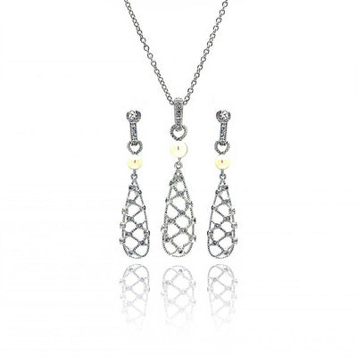 Sterling Silver Rhodium Plated Fishnet Drop Pearl Clear CZ Dangling Stud Earring and Dangling Necklace Set