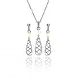 Sterling Silver Rhodium Plated Fishnet Drop Pearl Clear CZ Dangling Stud Earring and Dangling Necklace Set