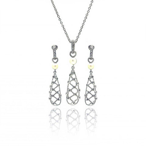 Sterling Silver Rhodium Plated Fishnet Drop Pearl Clear CZ Dangling Stud Earring and Dangling Necklace Set