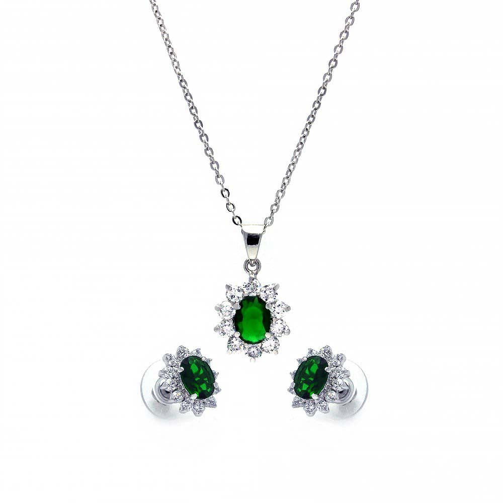 Sterling Silver Rhodium Plated Green and Clear Cluster Flower CZ Stud Earring and Dangling Necklace Set