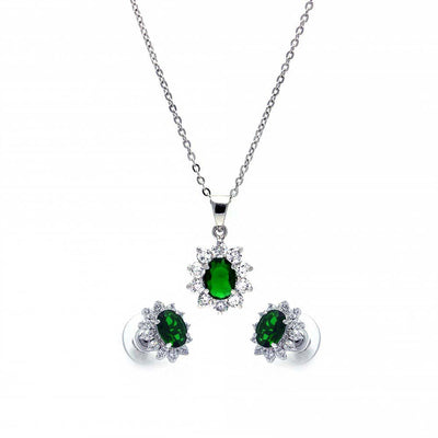 Sterling Silver Rhodium Plated Green and Clear Cluster Flower CZ Stud Earring and Dangling Necklace Set