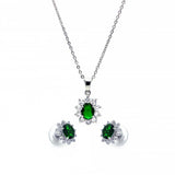 Sterling Silver Rhodium Plated Green and Clear Cluster Flower CZ Stud Earring and Dangling Necklace Set