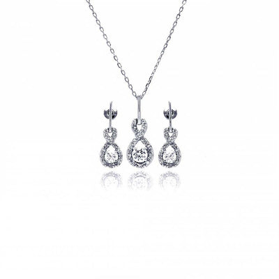 Sterling Silver Rhodium Plated Figure 8 Teardrop Clear CZ Dangling Stud Earring and Necklace Set