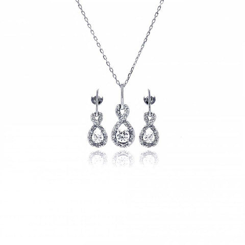 Sterling Silver Rhodium Plated Figure 8 Teardrop Clear CZ Dangling Stud Earring and Necklace Set