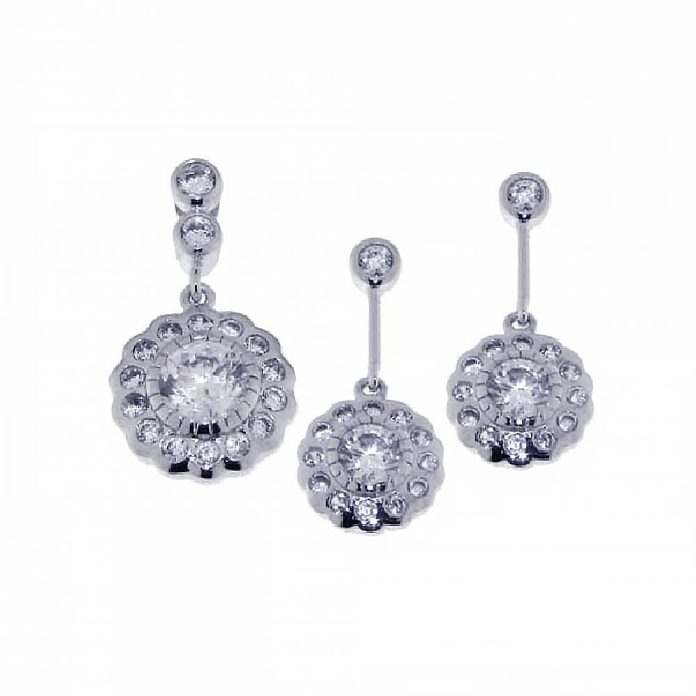 Sterling Silver Rhodium Plated Flower CZ Dangling Earring and Necklace Set