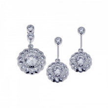 Load image into Gallery viewer, Sterling Silver Rhodium Plated Flower CZ Dangling Earring and Necklace Set