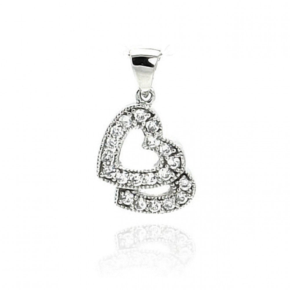 Sterling Silver Rhodium Plated Open Two Heart CZ Dangling Pendant Necklace