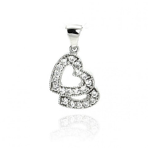 Sterling Silver Rhodium Plated Open Two Heart CZ Dangling Pendant Necklace