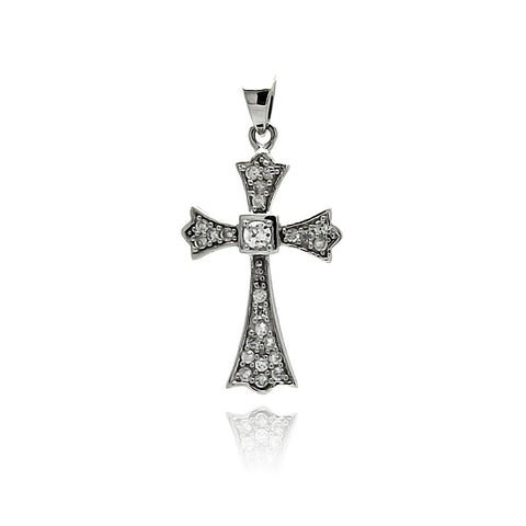 Sterling Silver Rhodium Plated Cross CZ Dangling Pendant