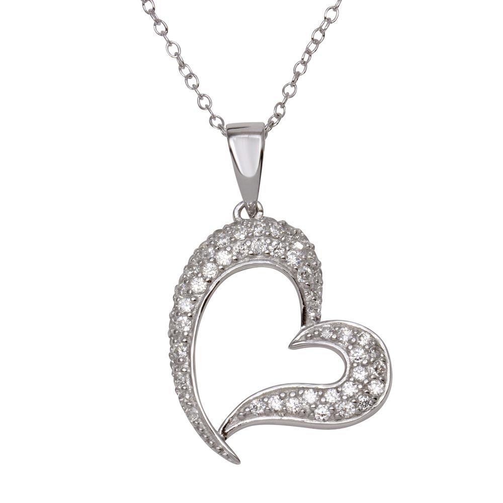 Sterling Silver Rhodium Plated Open Heart CZ Dangling Pendant Necklace