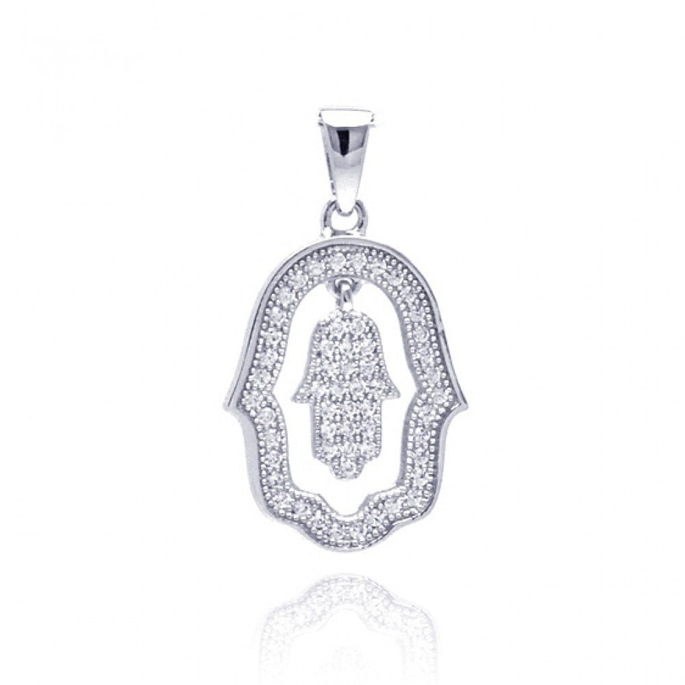 Sterling Silver Rhodium Plated Open Hand Curvy Cricle CZ Dangling Necklace