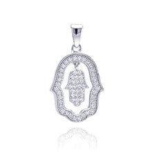 Load image into Gallery viewer, Sterling Silver Rhodium Plated Open Hand Curvy Cricle CZ Dangling Necklace