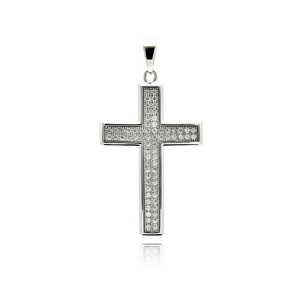 Sterling Silver Rhodium Plated Cross Micro Pave CZ Dangling Pendant
