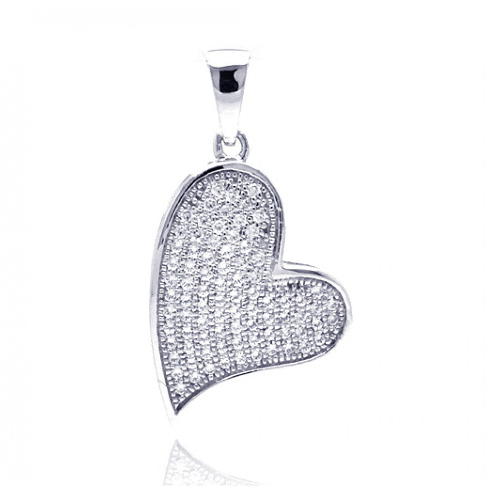 Sterling Silver Rhodium Plated Heart CZ Dangling Pendant Necklace