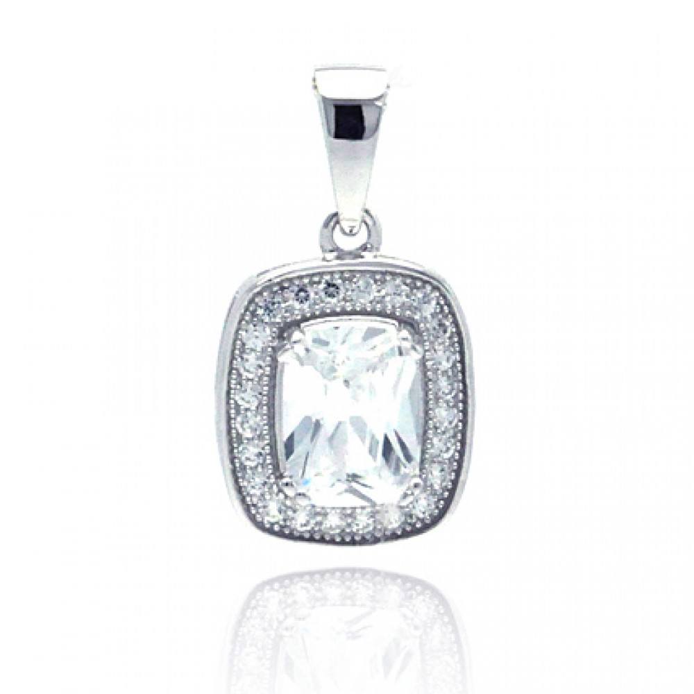 Sterling Silver Rhodium Plated Rectangular CZ Dangling Pendant