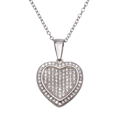 Sterling Silver Rhodium Plated Heart Micro Pave CZ Dangling Pendant Necklace