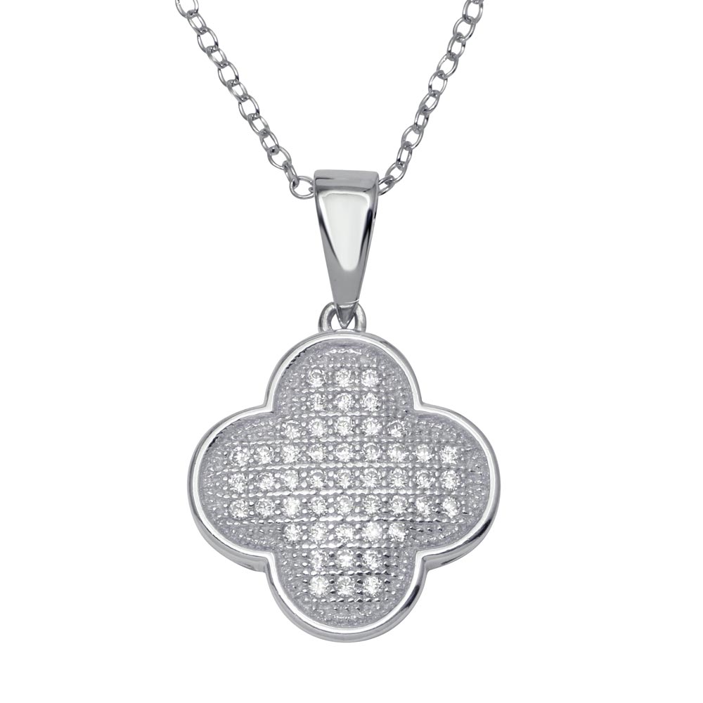 Sterling Silver Rhodium Plated Clover Micro Pave CZ Dangling Pendant