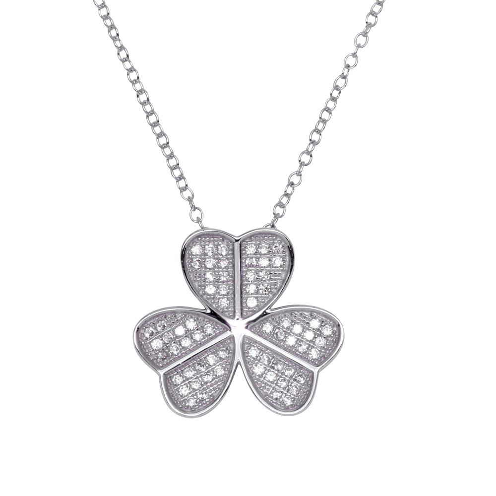 Sterling Silver Rhodium Plated Clover Micro Pave CZ Pendant
