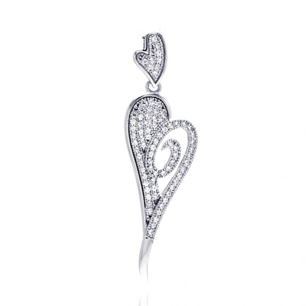 Sterling Silver Rhodium Plated Elongated Heart Micro Pave CZ Dangling Pendant���������Necklace
