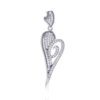 Sterling Silver Rhodium Plated Elongated Heart Micro Pave CZ Dangling PendantNecklace