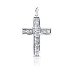 Sterling Silver Rhodium Plated Cross Micro Pave CZ Dangling Pendant
