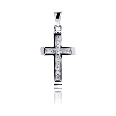 Sterling Silver Rhodium Plated Cross Inlay Micro Pave CZ Dangling Pendant