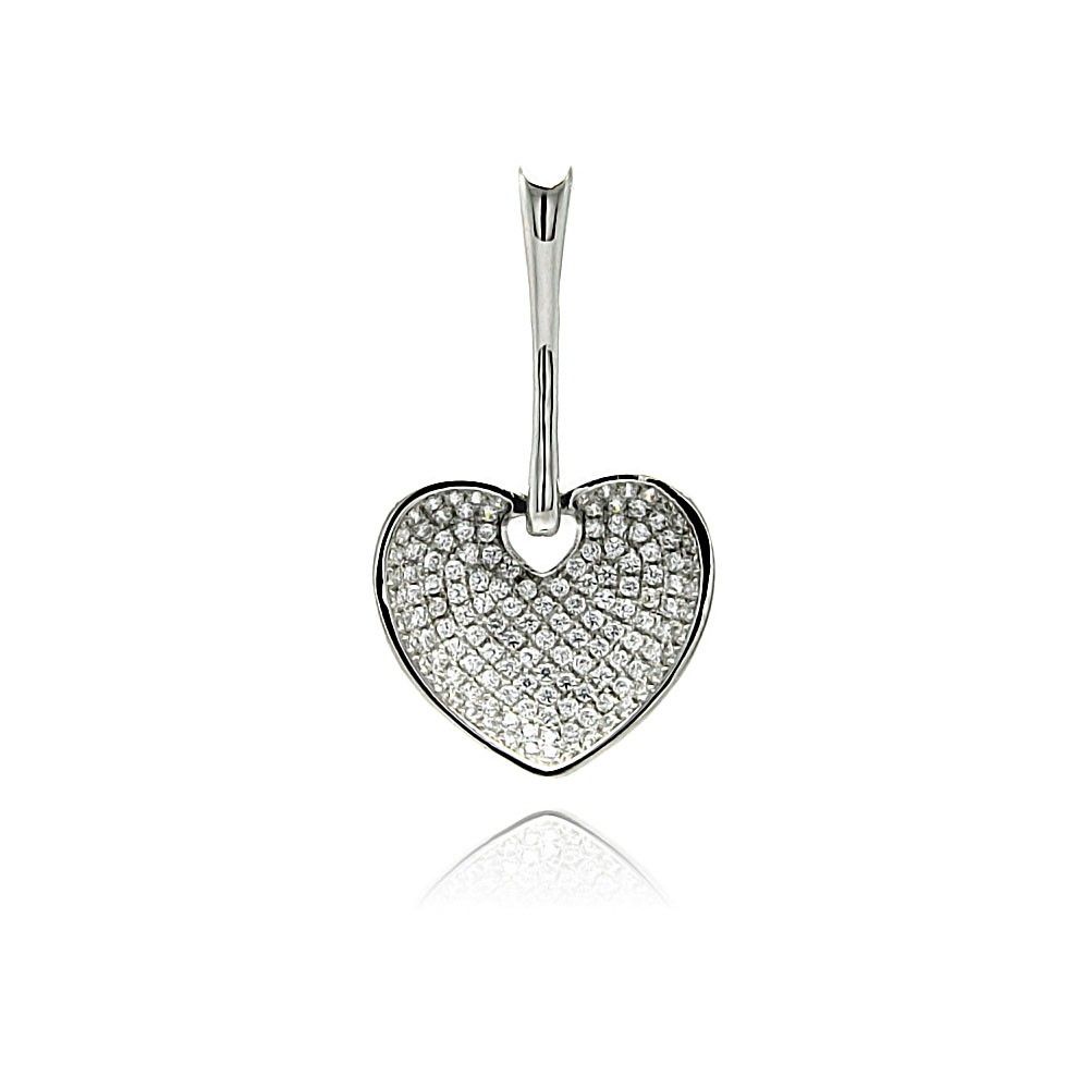 Sterling Silver Rhodium Plated Heart Micro Pave CZ Dangling Pendant Necklace