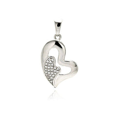 Sterling Silver Rhodium Plated Open Heart Micro Pave CZ Inlay Mini Heart Dangling PendantNecklace
