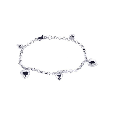 Sterling Silver Rhodium Plated Multiple Heart CZ Dangling Bracelet