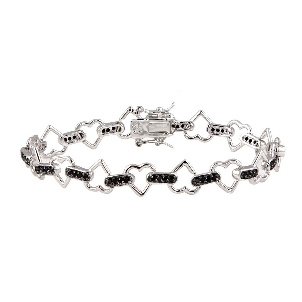 Sterling Silver and Black Rhodium Plated Multiple Open Heart CZ Bracelet