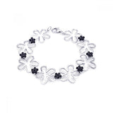 Sterling Silver Black and Rhodium Plated Multiple Open Flower CZ Bracelet