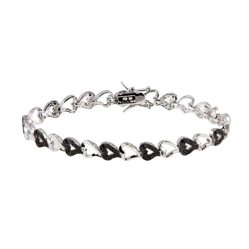 Sterling Silver Black and Rhodium Plated Multiple Open Heart CZ Bracelet