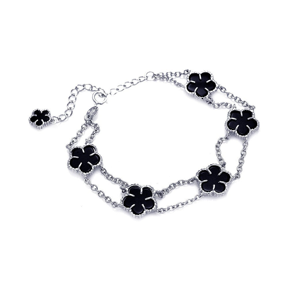 Sterling Silver Rhodium Plated Black Onyx Six Flower Bracelet
