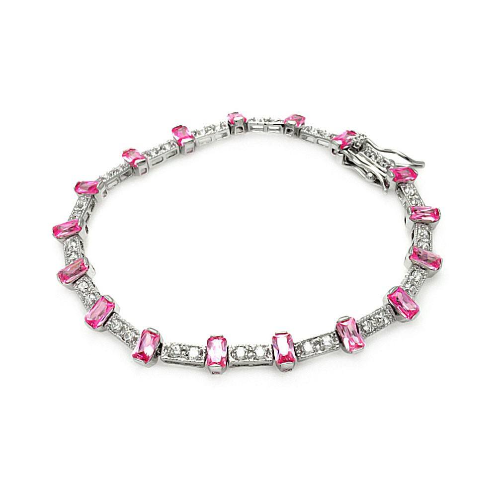 Sterling Silver Pink Baguette and Clear CZ Bracelet