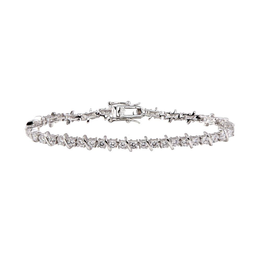 Sterling Silver Rhodium Plated Crown Setting Square Clear CZ Bracelet