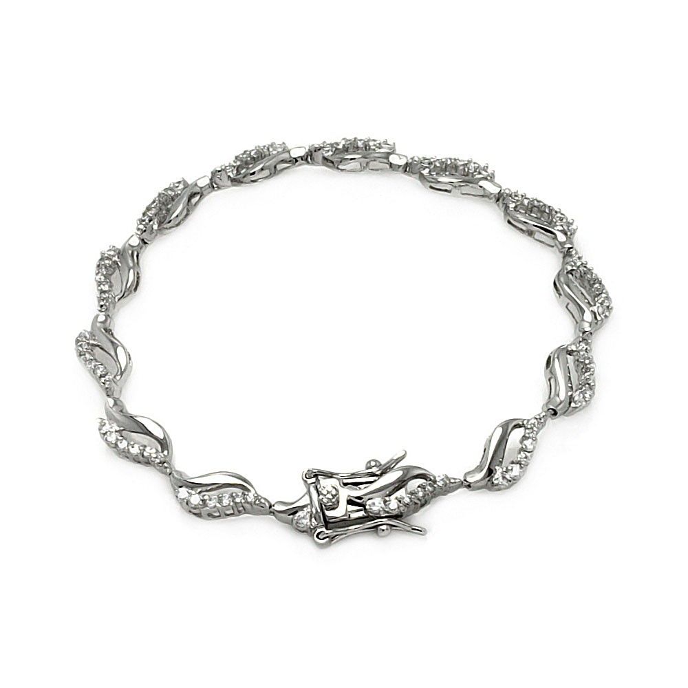 Sterling Silver Rhodium Plated Open Wave Tennis Clear CZ Bracelet