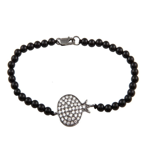 Sterling Silver Rhodium Plated Circle Crown CZ Inlay Black Bead Bracelet