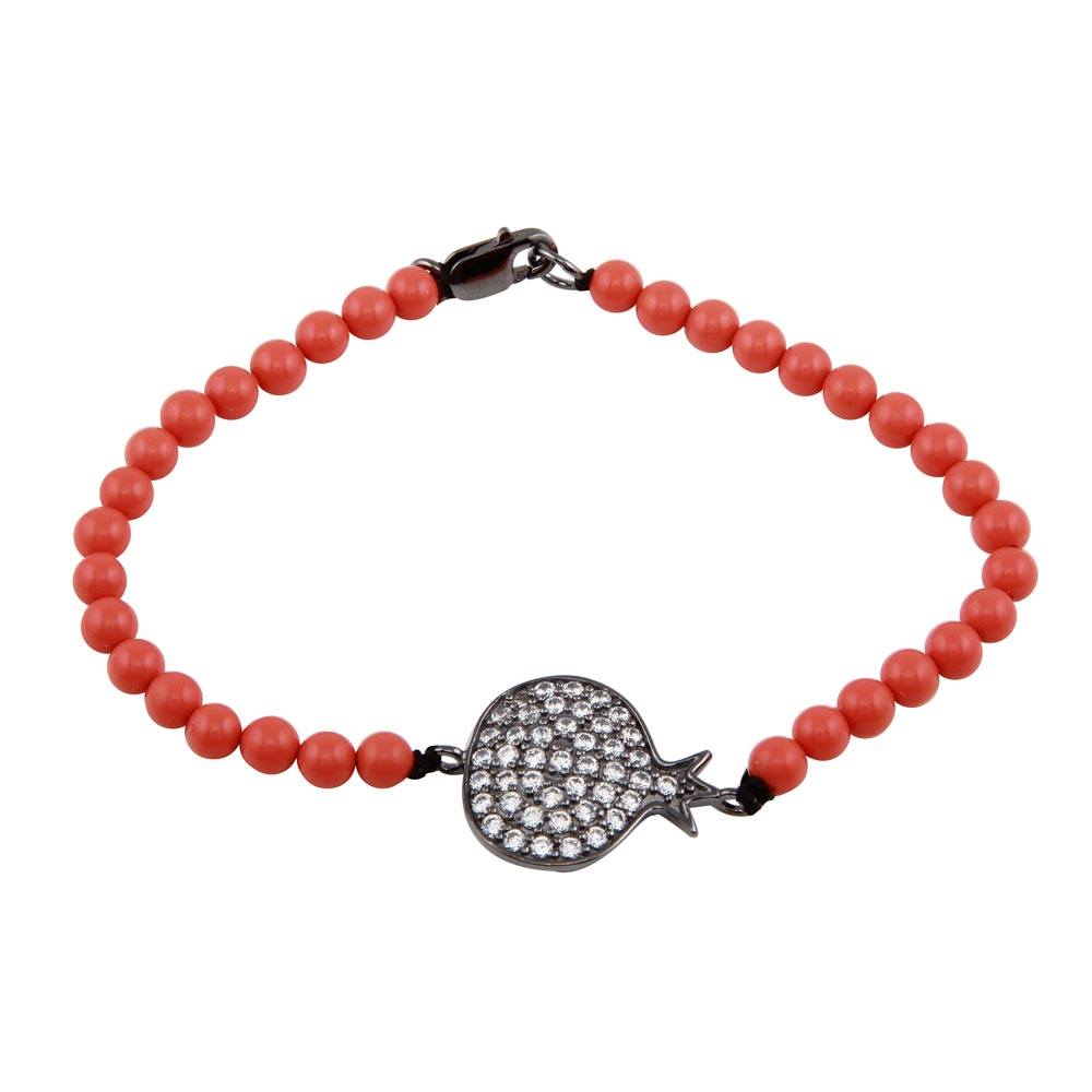 Sterling Silver Rhodium Plated Circle Crown Clear CZ Orange Bead Bracelet