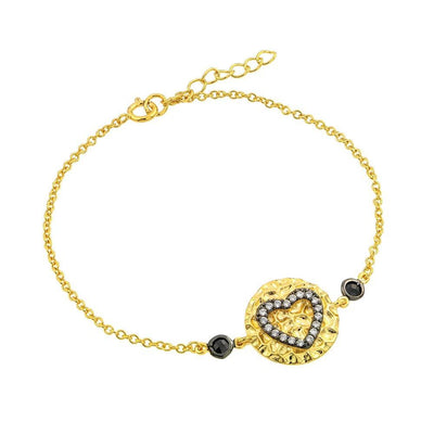 Sterling Silver Gold Plated Circle Black Heart Clear CZ Inlay Bracelet