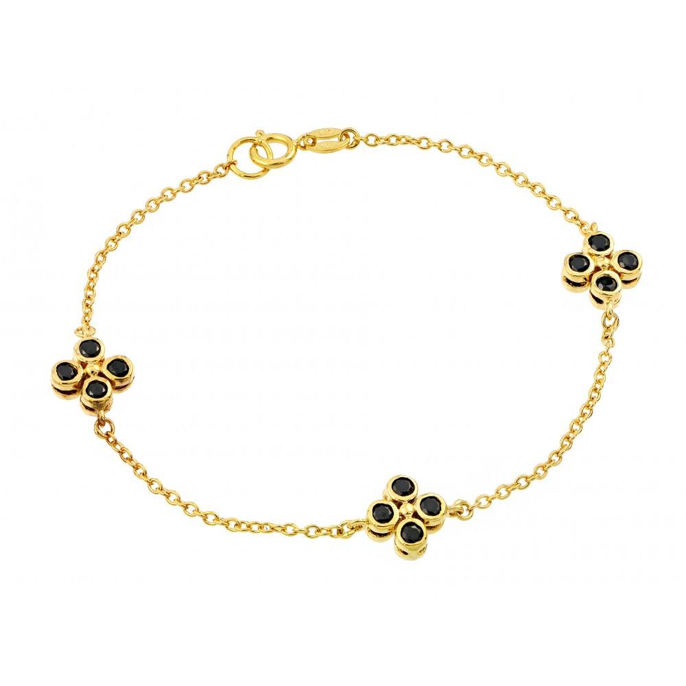 Sterling Silver Gold Plated Three Clover Black CZ Inlay Bracelet