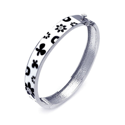 Sterling Silver Rhodium Plated White Enamel Flower Design CZ Bangle Bracelet